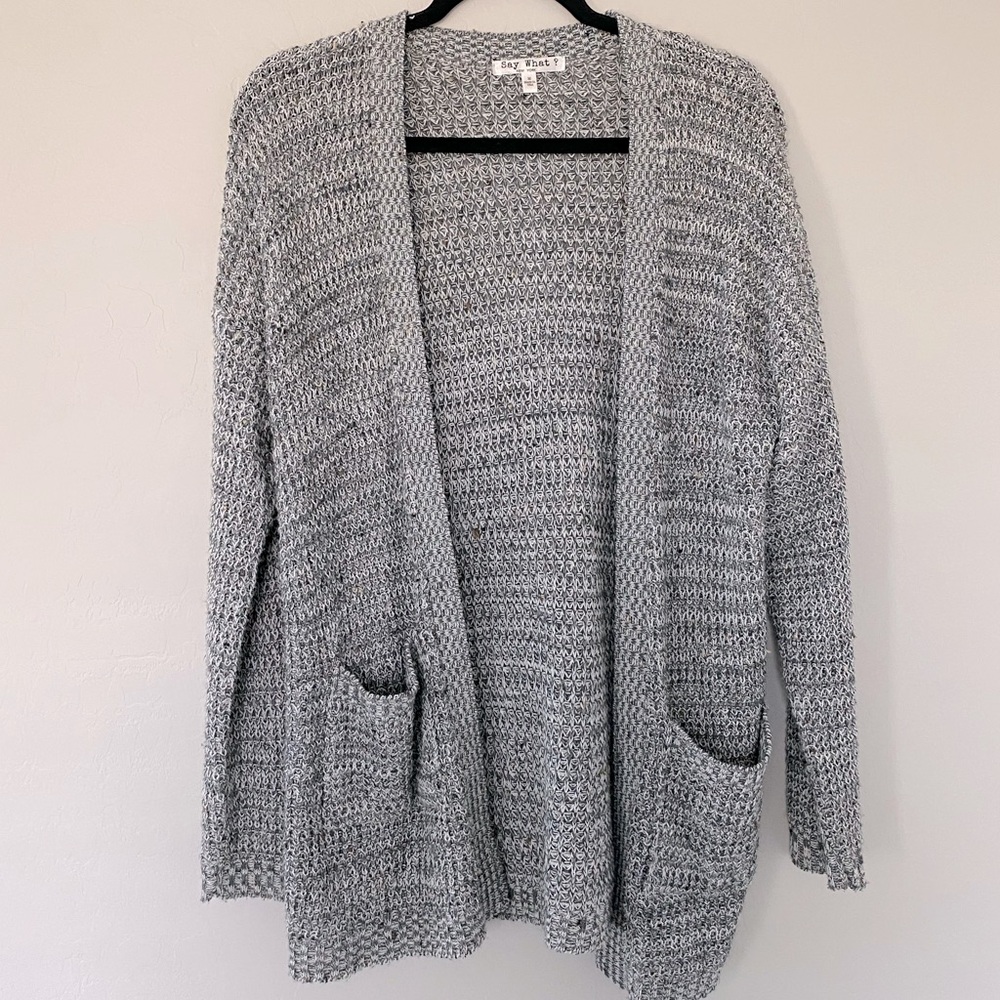 Long Sleeve Grey Waffle-Knit Cardigan with Pockets/ Size Medium